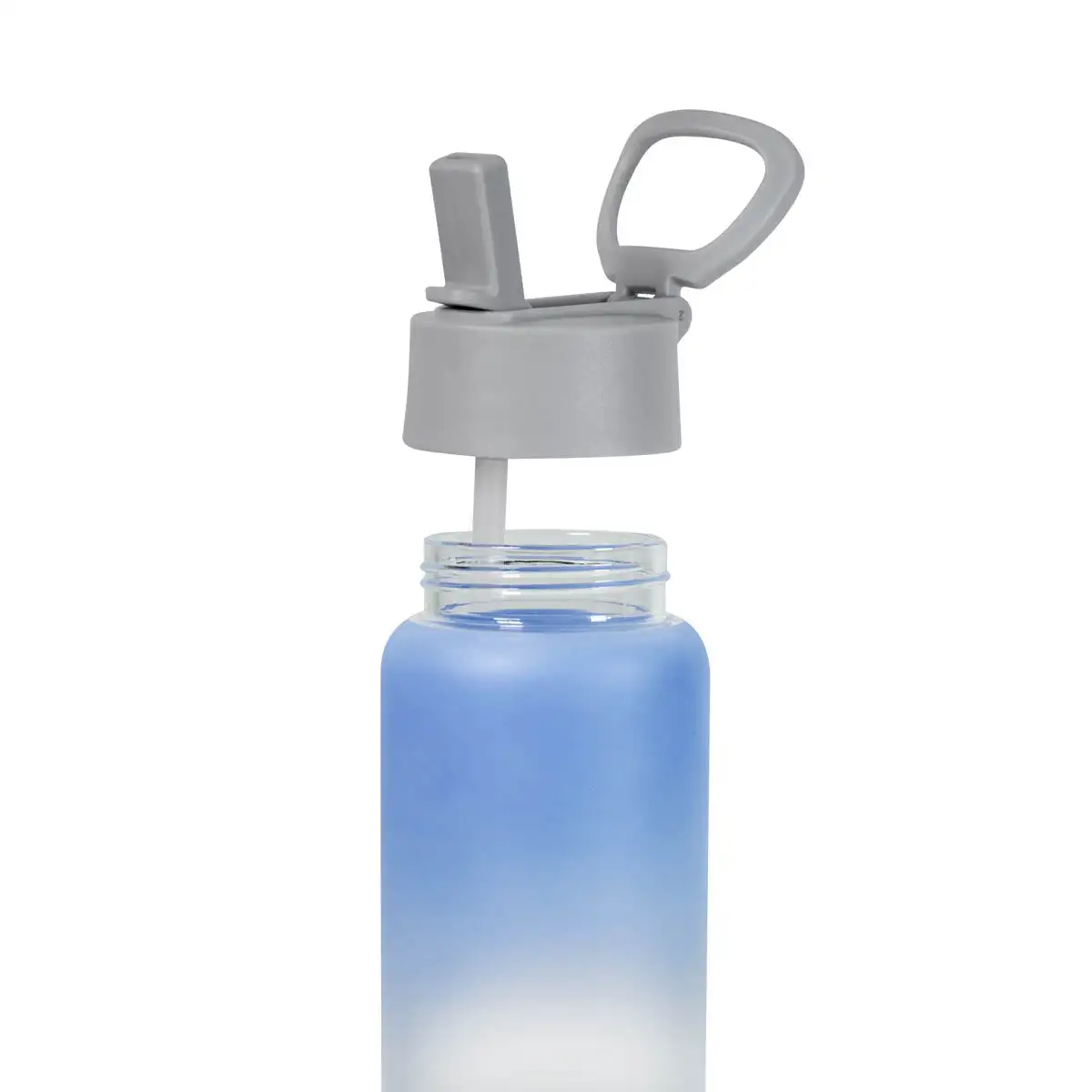 Recipiente de vidrio con popote retráctil para promoción de marca.