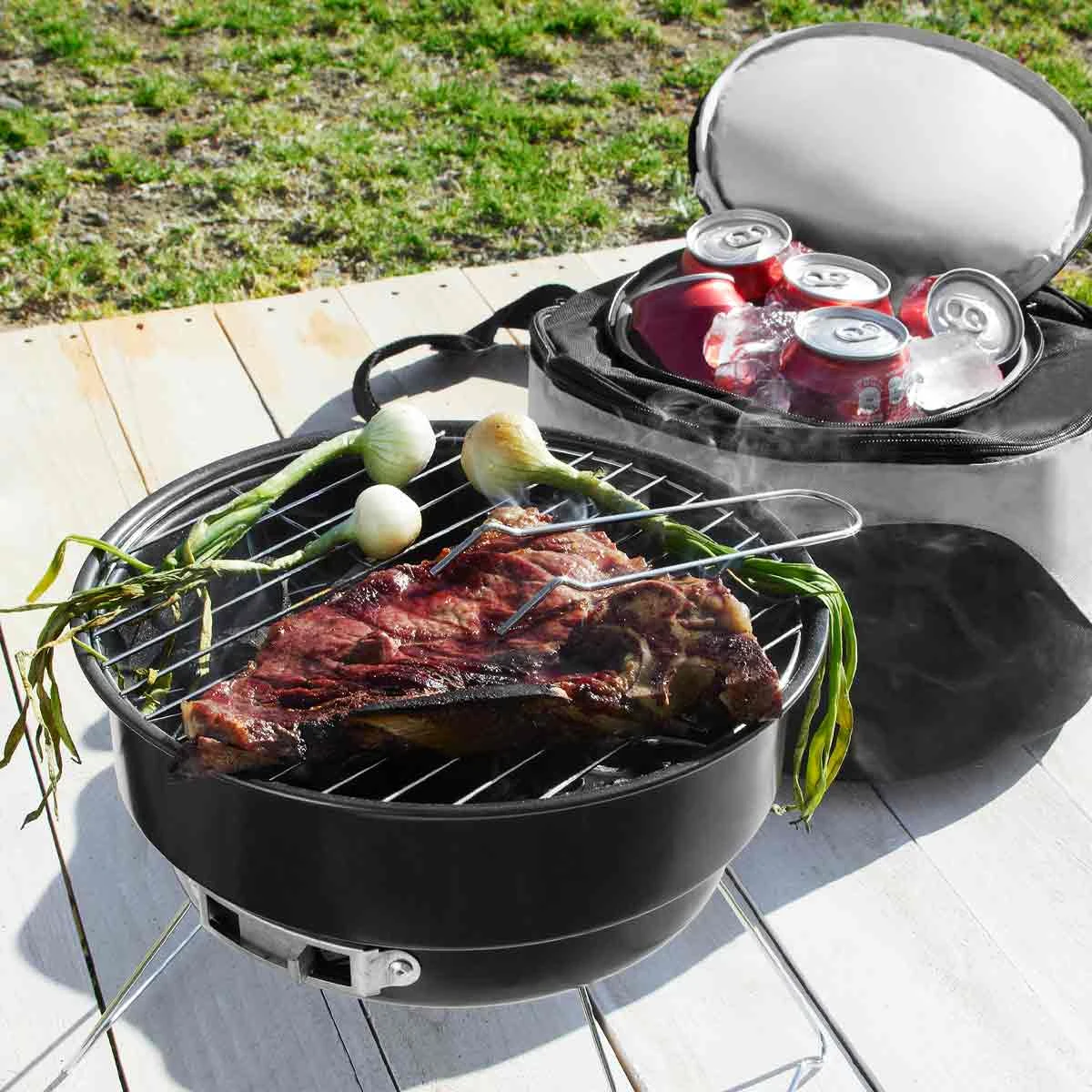 Asador de carbón con hielera para empresas.