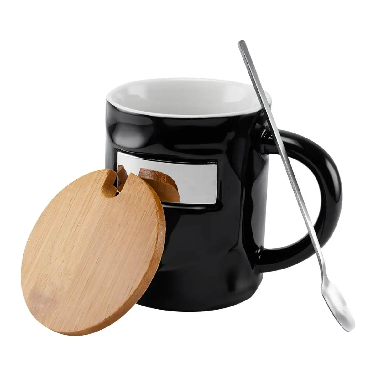 Taza corporativa con placa metálica para grabado