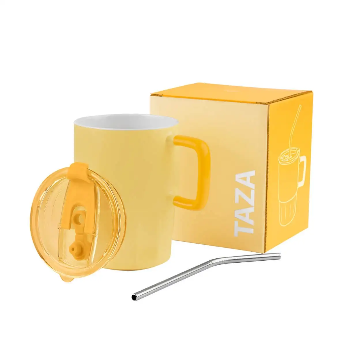 Taza de cerámica con tapa push y popote reutilizable.