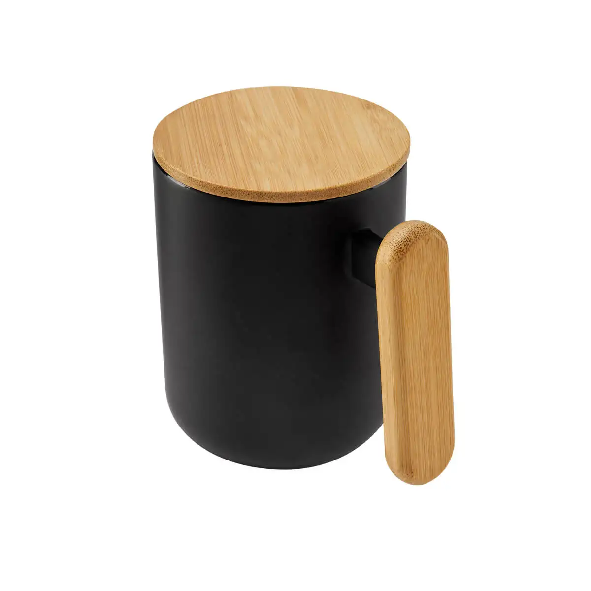 Taza de cerámica mate con tapa de bambú personalizada.