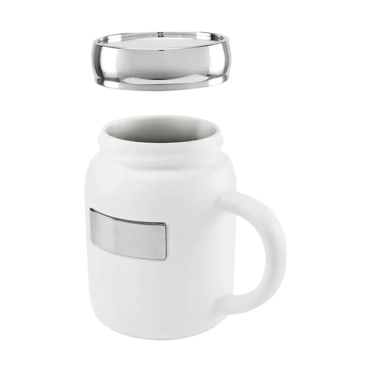 Taza tarro de cerámica mate con tapa metalizada.