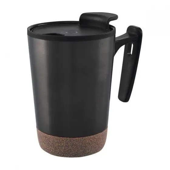 Taza compacta con base de corcho personalizada.