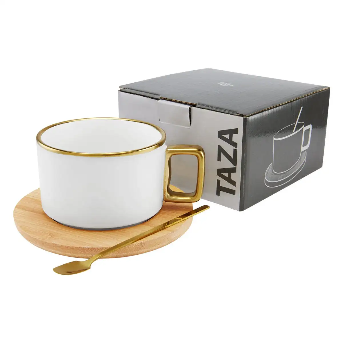 Taza MABUM con cuchara metálica dorada.