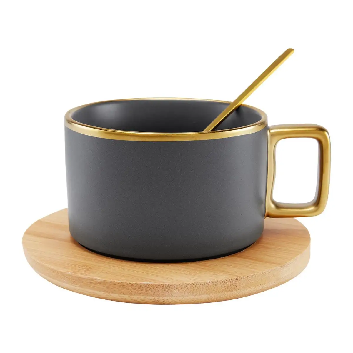 Taza de cerámica mate con detalles dorados.