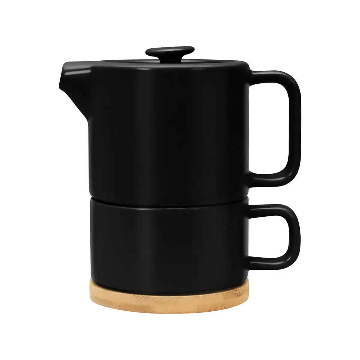 Tetera con taza apilable y base de bambú.