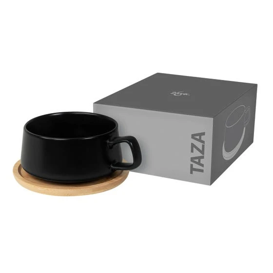 Taza corporativa con base de bambú.