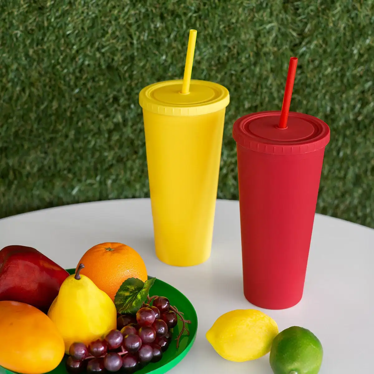 Vaso reusable con acabado tipo rubber.