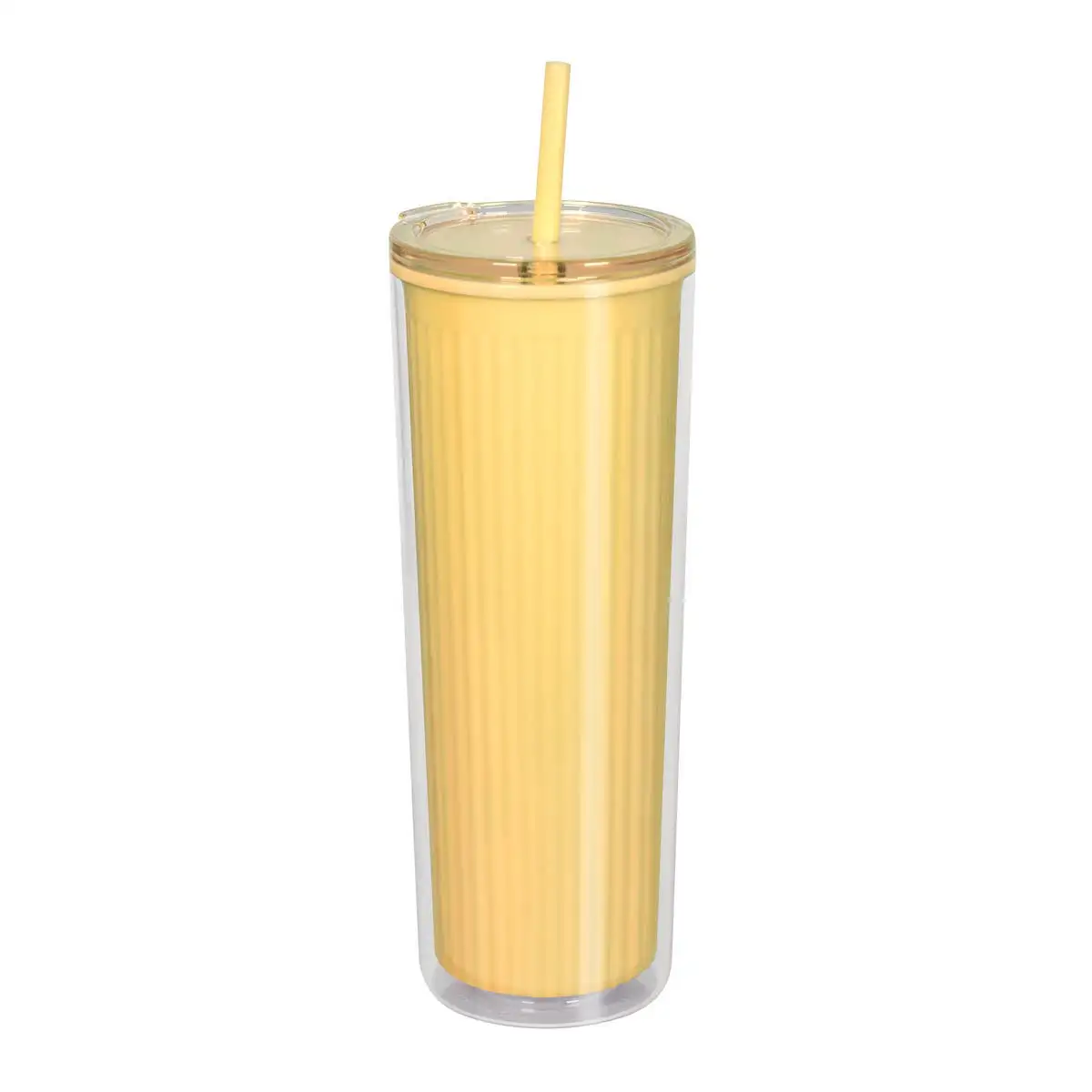Vaso con interior texturizado a rayas y exterior transparente.