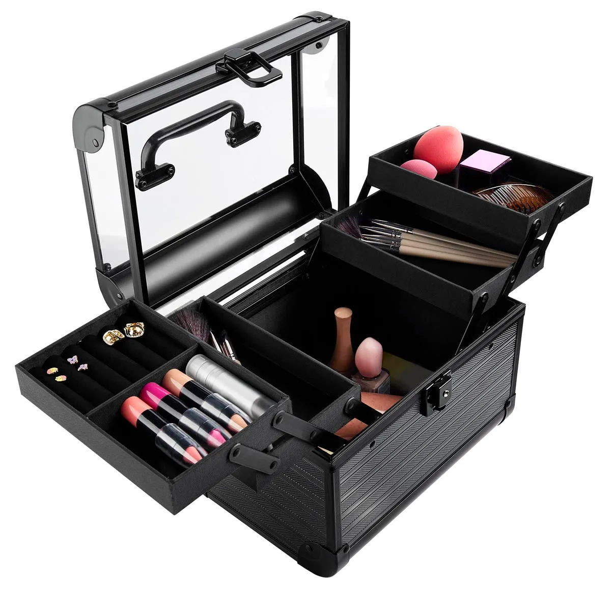 Maletín de maquillaje expandible con cuatro charolas.