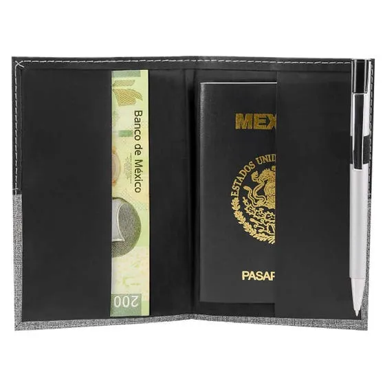 Porta pasaporte con compartimento para billetes.